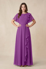 Short Sleeves Bateau A - Line Chiffon Bridesmaid Dress in Amethyst - KissProm Bridesmaid Dresses