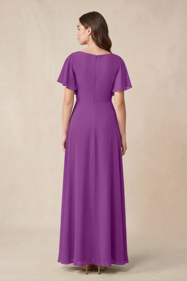 Short Sleeves Bateau A - Line Chiffon Bridesmaid Dress in Amethyst - KissProm Bridesmaid Dresses