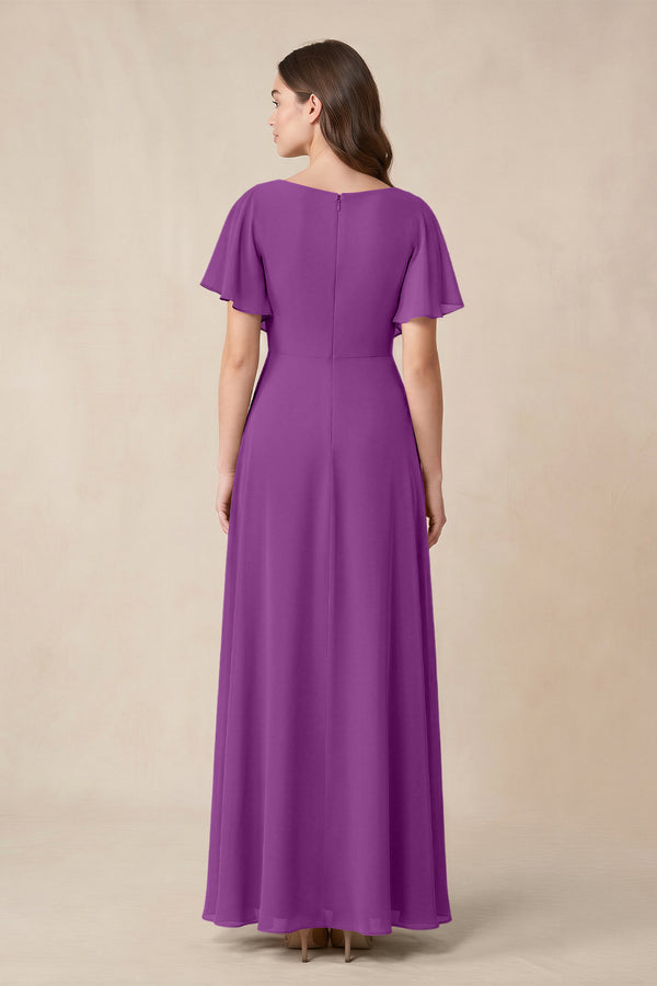 Short Sleeves Bateau A - Line Chiffon Bridesmaid Dress in Amethyst - KissProm Bridesmaid Dresses