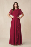 Short Sleeves Bateau A - Line Chiffon Bridesmaid Dress in Berry - KissProm Bridesmaid Dresses