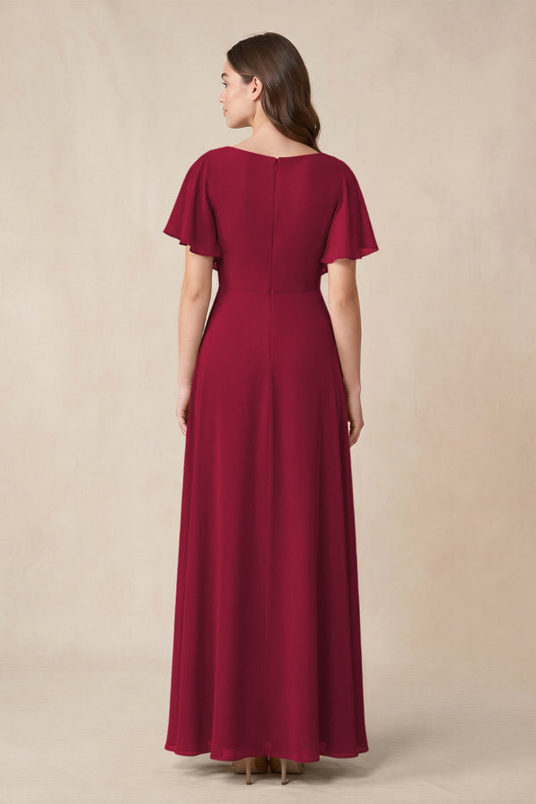 Short Sleeves Bateau A - Line Chiffon Bridesmaid Dress in Berry - KissProm Bridesmaid Dresses