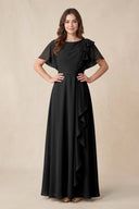 Short Sleeves Bateau A - Line Chiffon Bridesmaid Dress in Black - KissProm Bridesmaid Dresses