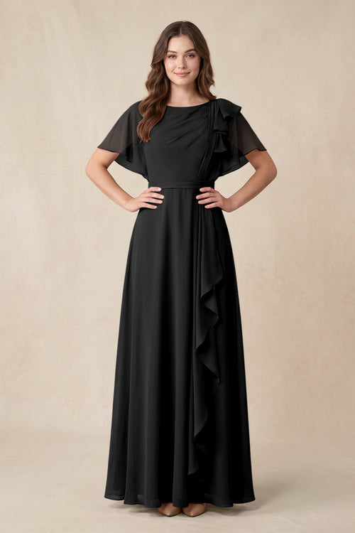 Short Sleeves Bateau A - Line Chiffon Bridesmaid Dress in Black - KissProm Bridesmaid Dresses