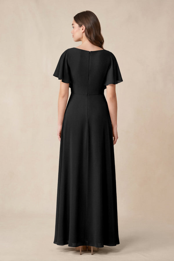 Short Sleeves Bateau A - Line Chiffon Bridesmaid Dress in Black - KissProm Bridesmaid Dresses
