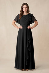 Short Sleeves Bateau A - Line Chiffon Bridesmaid Dress in Black - KissProm Bridesmaid Dresses
