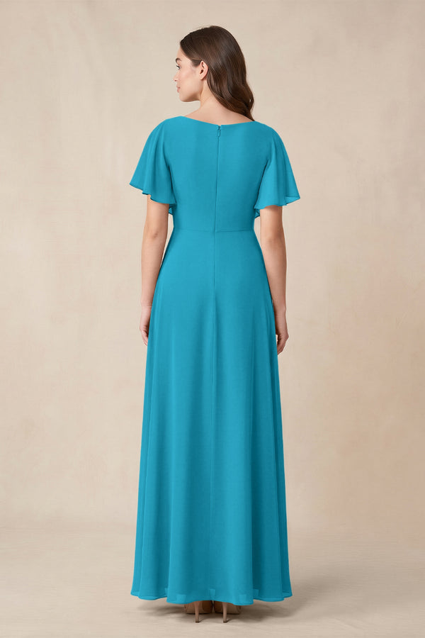 Short Sleeves Bateau A - Line Chiffon Bridesmaid Dress in Blue Jay - KissProm Bridesmaid Dresses