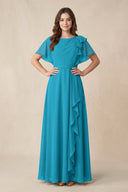 Short Sleeves Bateau A - Line Chiffon Bridesmaid Dress in Blue Jay - KissProm Bridesmaid Dresses
