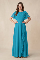 Short Sleeves Bateau A - Line Chiffon Bridesmaid Dress in Blue Jay - KissProm Bridesmaid Dresses