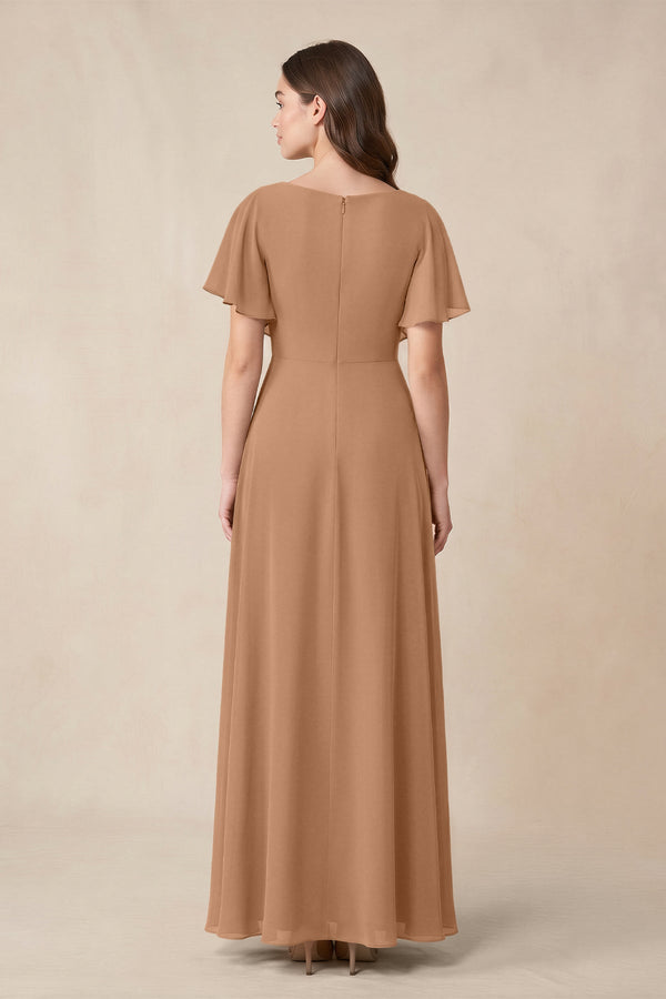Short Sleeves Bateau A - Line Chiffon Bridesmaid Dress in Bronzer - KissProm Bridesmaid Dresses