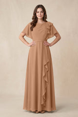 Short Sleeves Bateau A - Line Chiffon Bridesmaid Dress in Bronzer - KissProm Bridesmaid Dresses