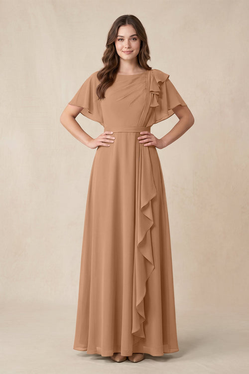 Short Sleeves Bateau A - Line Chiffon Bridesmaid Dress in Bronzer - KissProm Bridesmaid Dresses