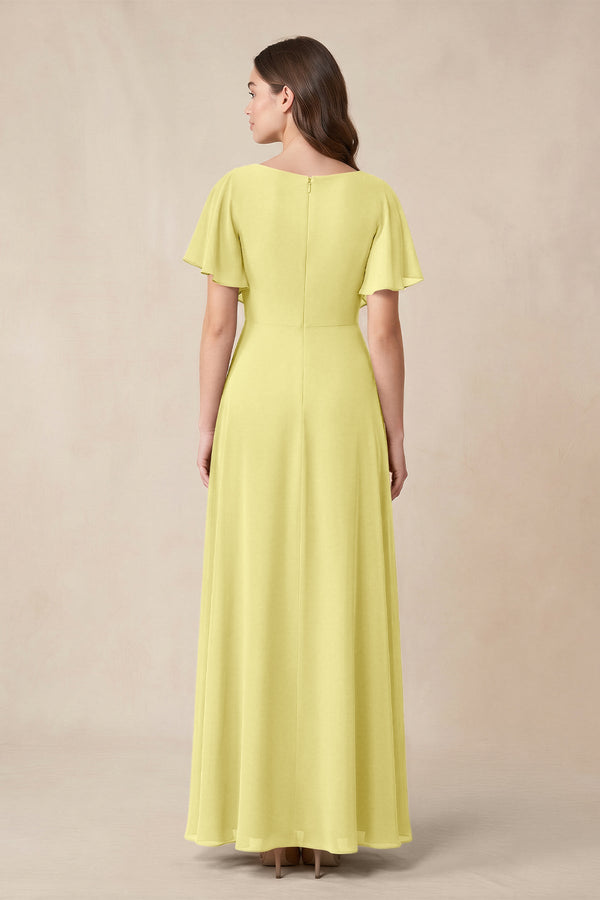 Short Sleeves Bateau A - Line Chiffon Bridesmaid Dress in Buttercup - KissProm Bridesmaid Dresses