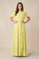 Short Sleeves Bateau A - Line Chiffon Bridesmaid Dress in Buttercup - KissProm Bridesmaid Dresses