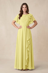 Short Sleeves Bateau A - Line Chiffon Bridesmaid Dress in Buttercup - KissProm Bridesmaid Dresses