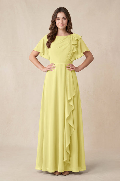 Short Sleeves Bateau A - Line Chiffon Bridesmaid Dress in Buttercup - KissProm Bridesmaid Dresses