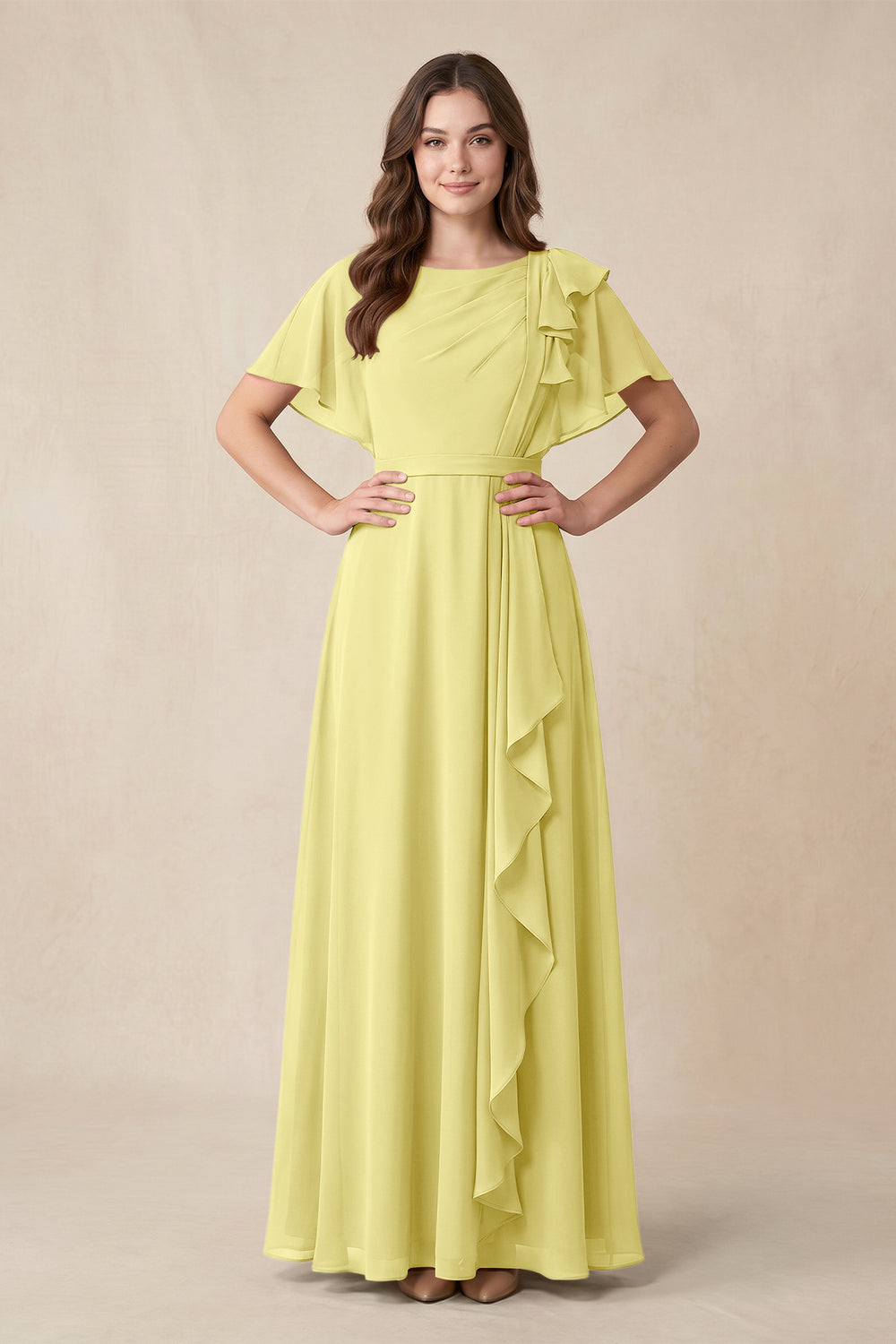 Short Sleeves Bateau A - Line Chiffon Bridesmaid Dress in Buttercup - KissProm Bridesmaid Dresses
