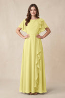 Short Sleeves Bateau A - Line Chiffon Bridesmaid Dress in Buttercup - KissProm Bridesmaid Dresses