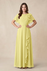 Short Sleeves Bateau A - Line Chiffon Bridesmaid Dress in Buttercup - KissProm Bridesmaid Dresses