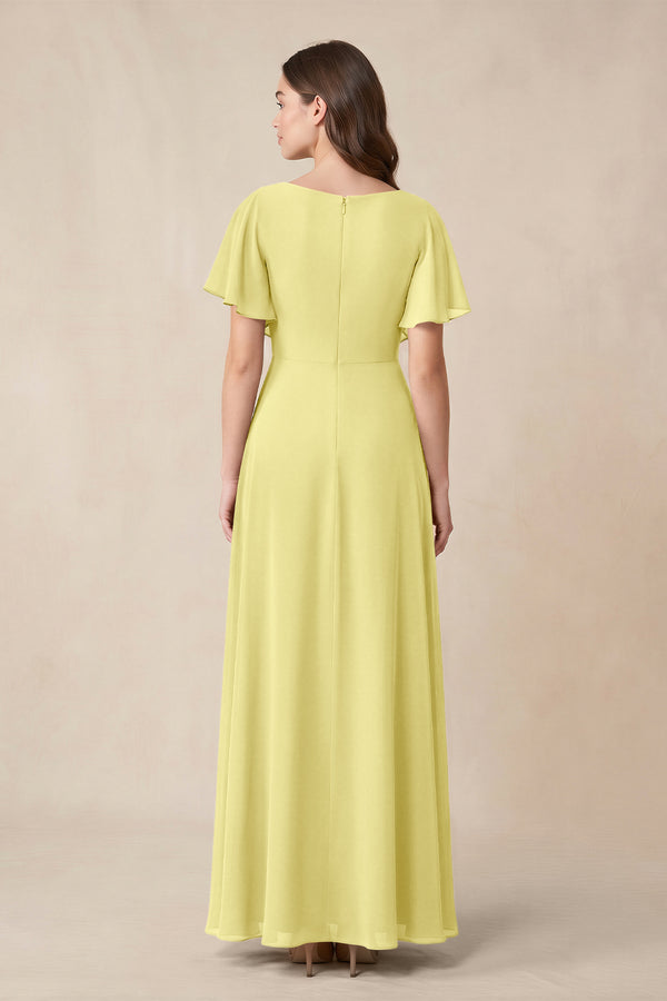 Short Sleeves Bateau A - Line Chiffon Bridesmaid Dress in Buttercup - KissProm Bridesmaid Dresses