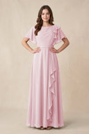 Short Sleeves Bateau A - Line Chiffon Bridesmaid Dress in Candy Pink - KissProm Bridesmaid Dresses