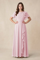 Short Sleeves Bateau A - Line Chiffon Bridesmaid Dress in Candy Pink - KissProm Bridesmaid Dresses