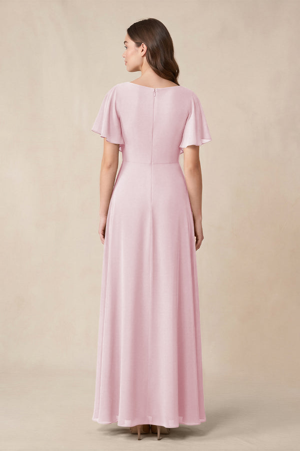 Short Sleeves Bateau A - Line Chiffon Bridesmaid Dress in Candy Pink - KissProm Bridesmaid Dresses