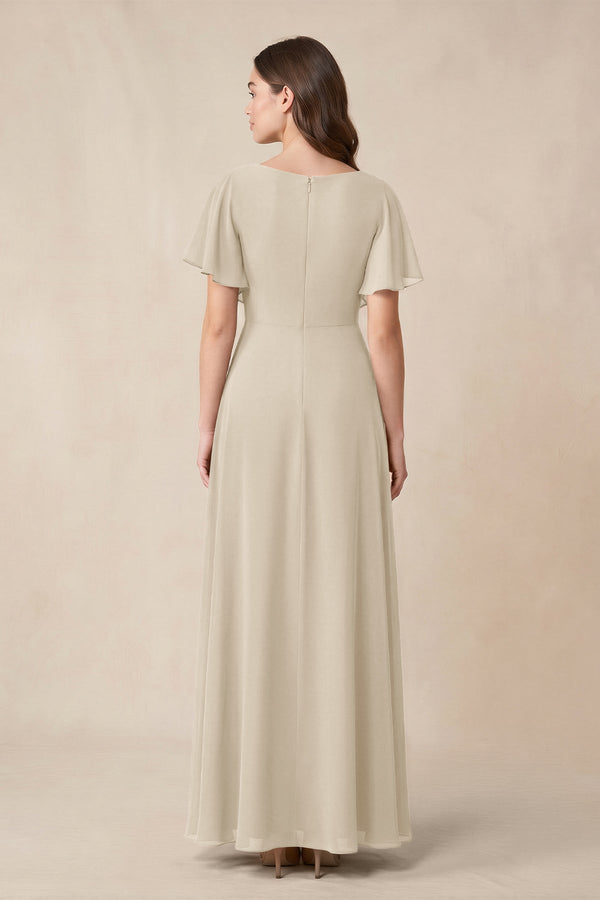 Short Sleeves Bateau A - Line Chiffon Bridesmaid Dress in Champagne - KissProm Bridesmaid Dresses