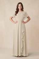 Short Sleeves Bateau A - Line Chiffon Bridesmaid Dress in Champagne - KissProm Bridesmaid Dresses