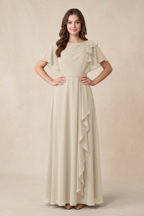 Short Sleeves Bateau A - Line Chiffon Bridesmaid Dress in Champagne - KissProm Bridesmaid Dresses