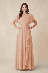 Short Sleeves Bateau A - Line Chiffon Bridesmaid Dress in Champagne Rose - KissProm Bridesmaid Dresses