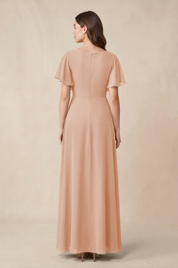 Short Sleeves Bateau A - Line Chiffon Bridesmaid Dress in Champagne Rose - KissProm Bridesmaid Dresses