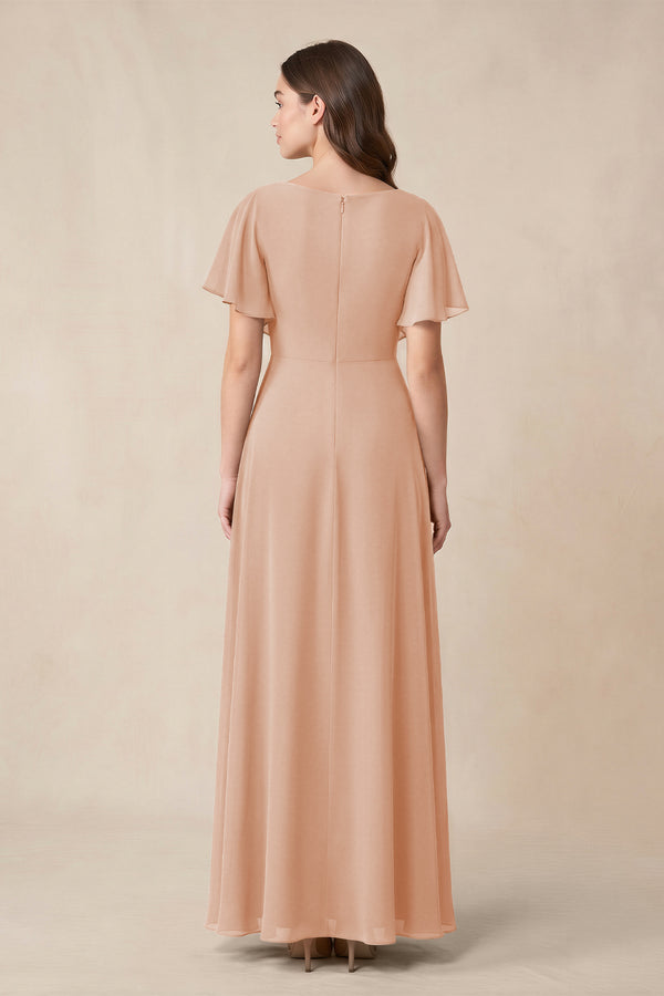 Short Sleeves Bateau A - Line Chiffon Bridesmaid Dress in Champagne Rose - KissProm Bridesmaid Dresses