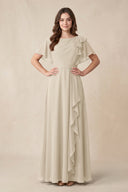 Short Sleeves Bateau A - Line Chiffon Bridesmaid Dress in Champagne - KissProm Bridesmaid Dresses