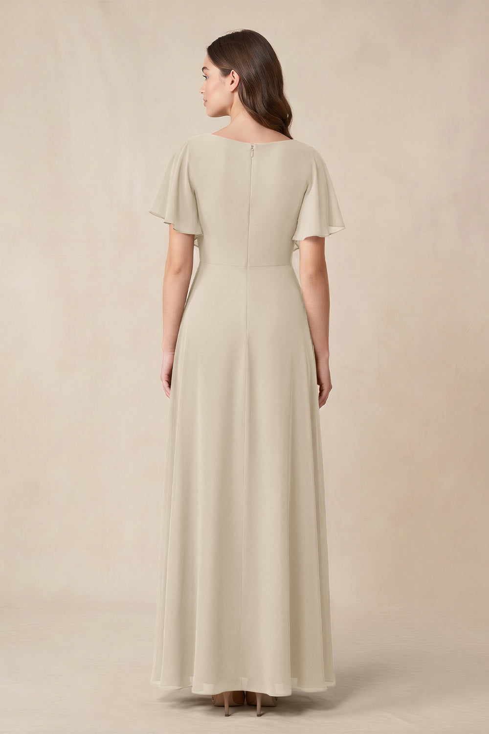Short Sleeves Bateau A - Line Chiffon Bridesmaid Dress in Champagne - KissProm Bridesmaid Dresses