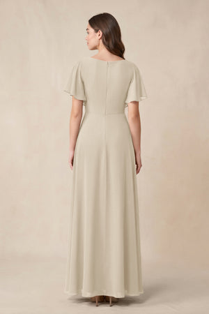Short Sleeves Bateau A - Line Chiffon Bridesmaid Dress in Champagne - KissProm Bridesmaid Dresses