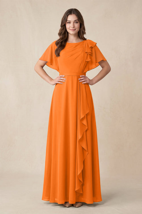 Short Sleeves Bateau A - Line Chiffon Bridesmaid Dress in Cinnamon - KissProm Bridesmaid Dresses