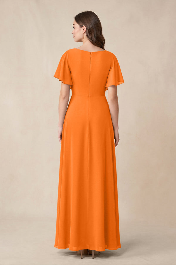 Short Sleeves Bateau A - Line Chiffon Bridesmaid Dress in Cinnamon - KissProm Bridesmaid Dresses