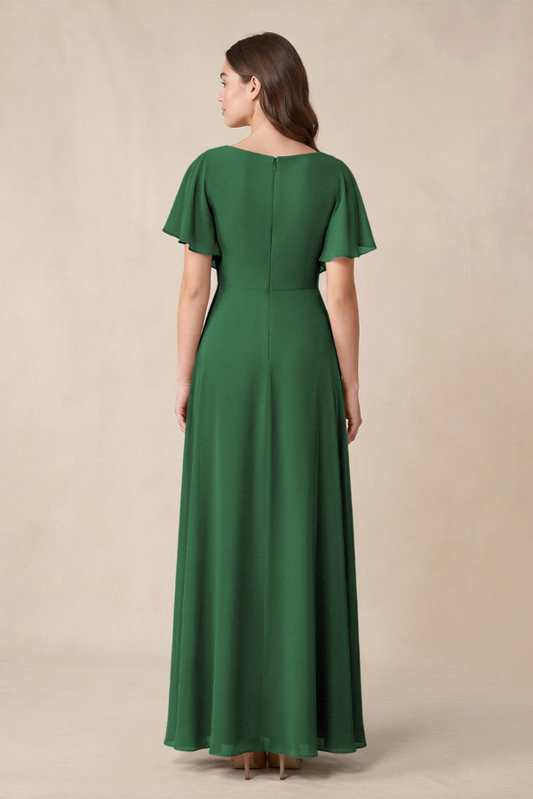 Short Sleeves Bateau A - Line Chiffon Bridesmaid Dress in Dark Green - KissProm Bridesmaid Dresses