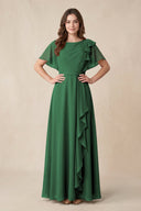 Short Sleeves Bateau A - Line Chiffon Bridesmaid Dress in Dark Green - KissProm Bridesmaid Dresses