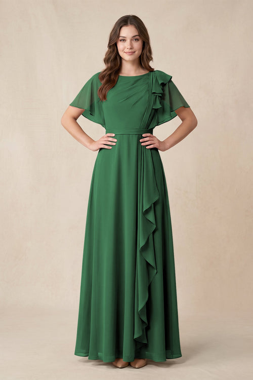Short Sleeves Bateau A - Line Chiffon Bridesmaid Dress in Dark Green - KissProm Bridesmaid Dresses