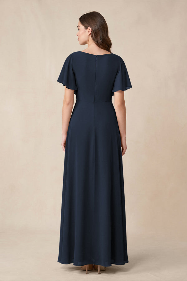 Short Sleeves Bateau A - Line Chiffon Bridesmaid Dress in Dark Navy - KissProm Bridesmaid Dresses
