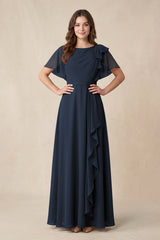 Short Sleeves Bateau A - Line Chiffon Bridesmaid Dress in Dark Navy - KissProm Bridesmaid Dresses