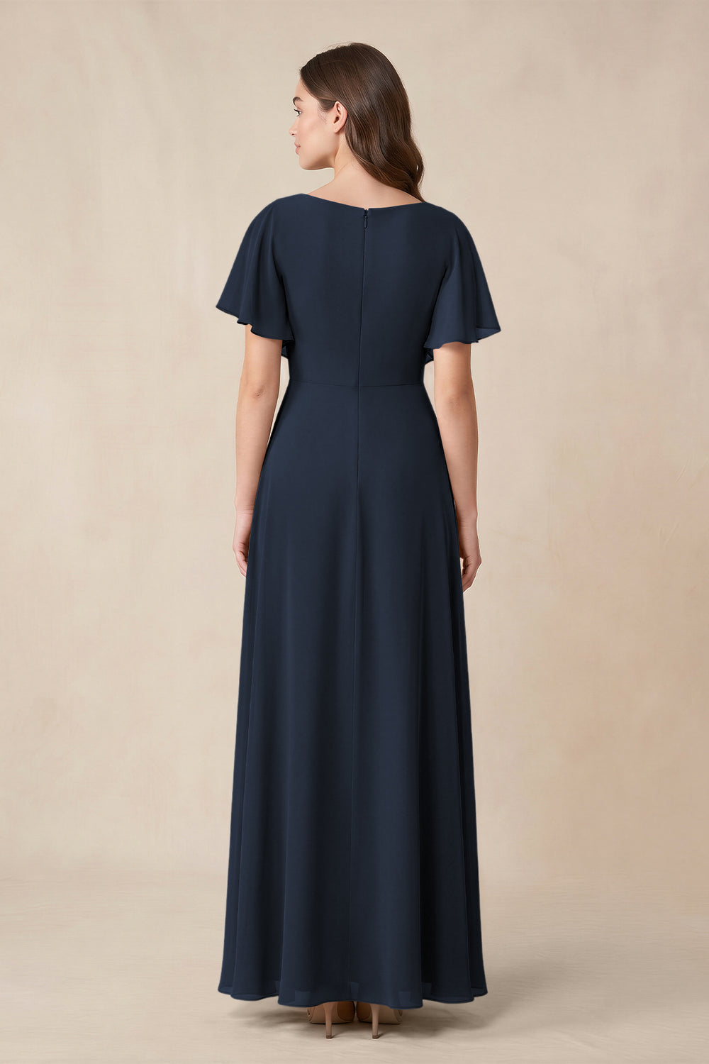 Short Sleeves Bateau A - Line Chiffon Bridesmaid Dress in Dark Navy - KissProm Bridesmaid Dresses