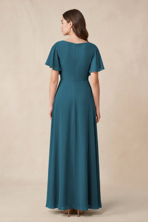 Short Sleeves Bateau A - Line Chiffon Bridesmaid Dress in Dark Teal - KissProm Bridesmaid Dresses