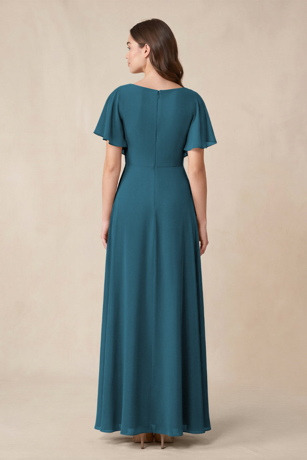 Short Sleeves Bateau A - Line Chiffon Bridesmaid Dress in Dark Teal - KissProm Bridesmaid Dresses
