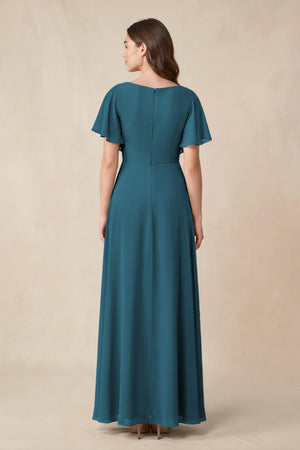 Short Sleeves Bateau A - Line Chiffon Bridesmaid Dress in Dark Teal - KissProm Bridesmaid Dresses