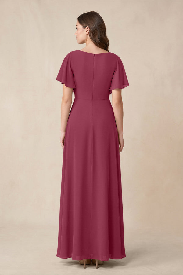 Short Sleeves Bateau A - Line Chiffon Bridesmaid Dress in Desert Rose - KissProm Bridesmaid Dresses