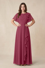 Short Sleeves Bateau A - Line Chiffon Bridesmaid Dress in Desert Rose - KissProm Bridesmaid Dresses