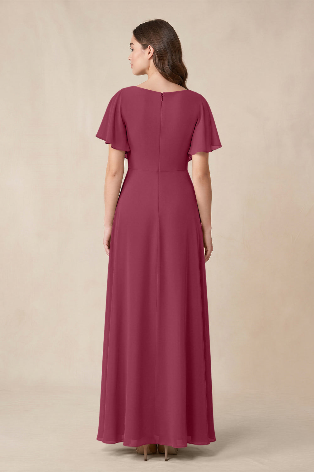 Short Sleeves Bateau A - Line Chiffon Bridesmaid Dress in Desert Rose - KissProm Bridesmaid Dresses