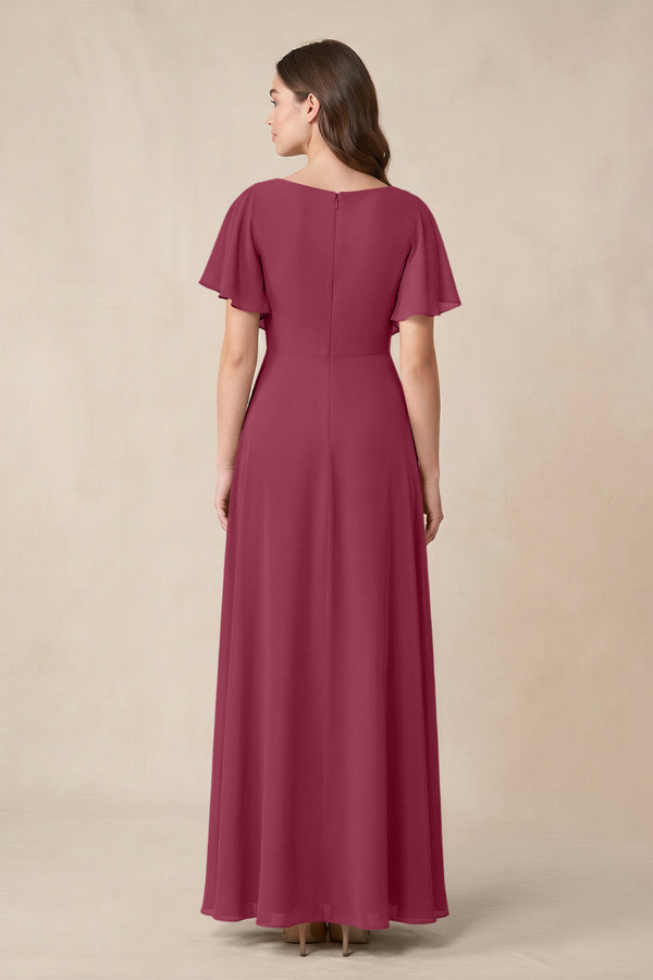 Short Sleeves Bateau A - Line Chiffon Bridesmaid Dress in Desert Rose - KissProm Bridesmaid Dresses